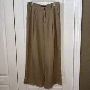 Zara Women’s Wide-Leg pleated trousers Tan Chinos raw hem 100%linen M